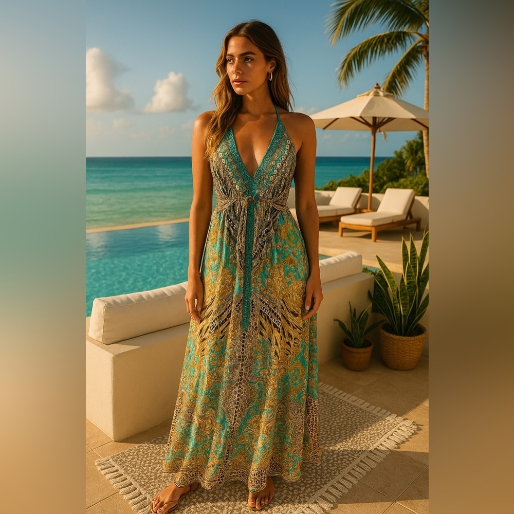 Bejeweled Tropical Maxi Dress Hi-Low Resort Cruise Love Island Boho Vaca Cruise - Picture 11 of 16